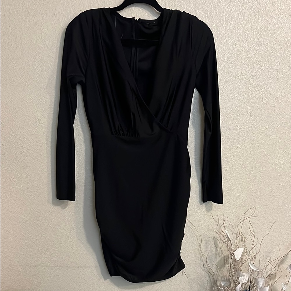 Black Plunge Neck Long Sleeve Bodycon Dress